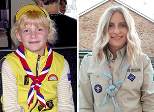older and younger girl in brownie and scout uniforms